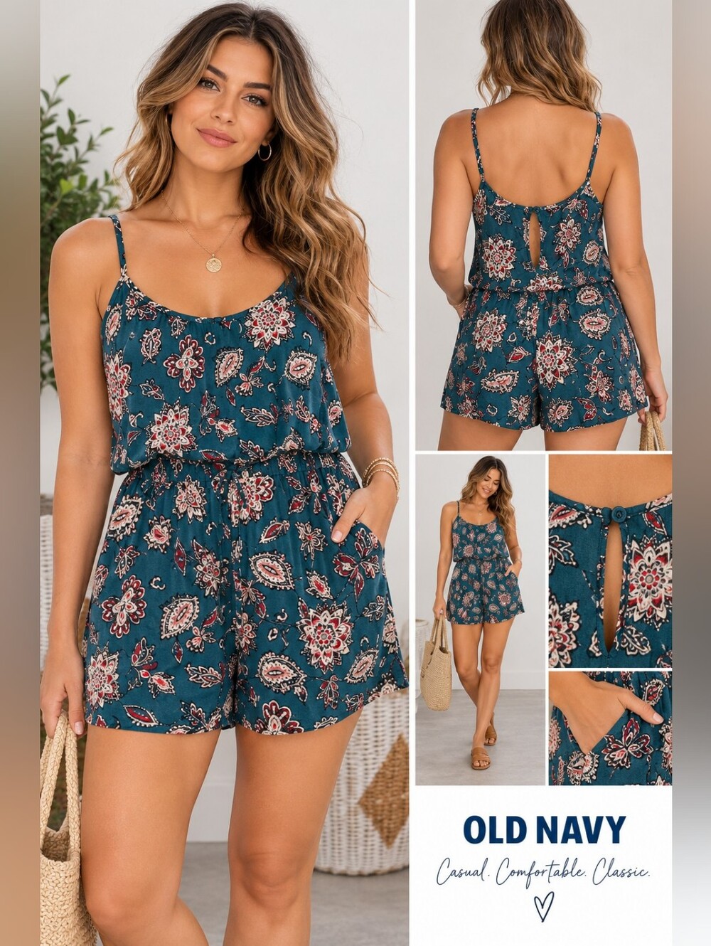 Old Navy L Teal Floral Paisley Boho Sleeveless Romper Pockets